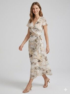 Aritzia Babaton Slit Wrap Dress in Espace Neutral Sand Landscape Print - Size M